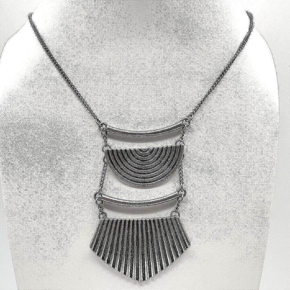 Vintage 90s Silver Tone Geometric Statement Necklace Tiered Bib Boho Jewelry